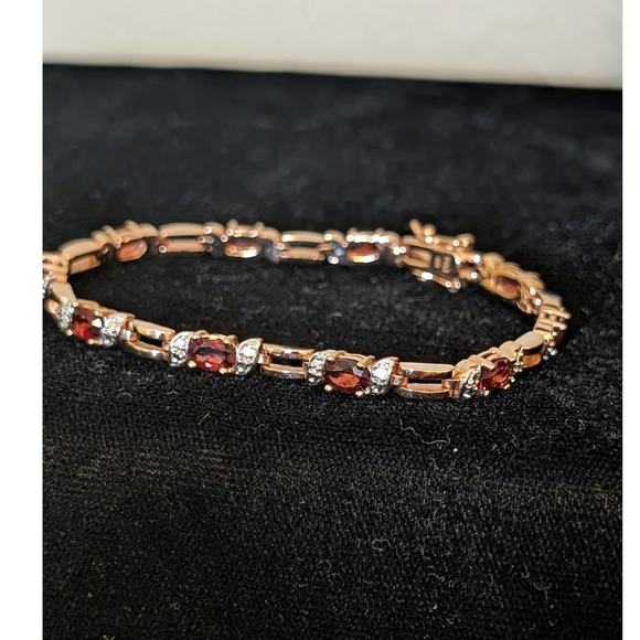 Genuine Garnet Rose Goldplated Diamond Accented Bracelet W/ Double Safety - Picture 4 of 6